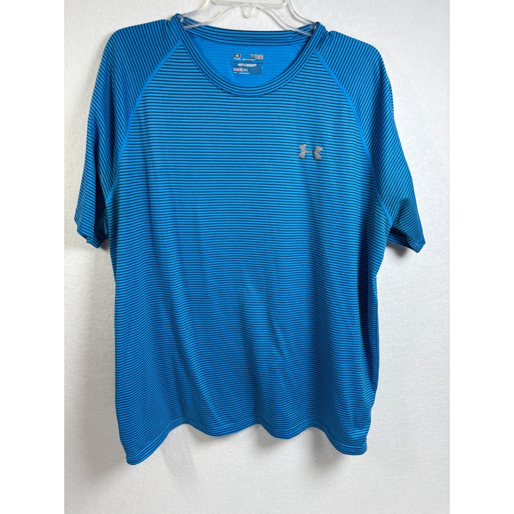 Under Armour Mens XL HeatGear Blue Striped Short Sleeve Training Shirt 1236421